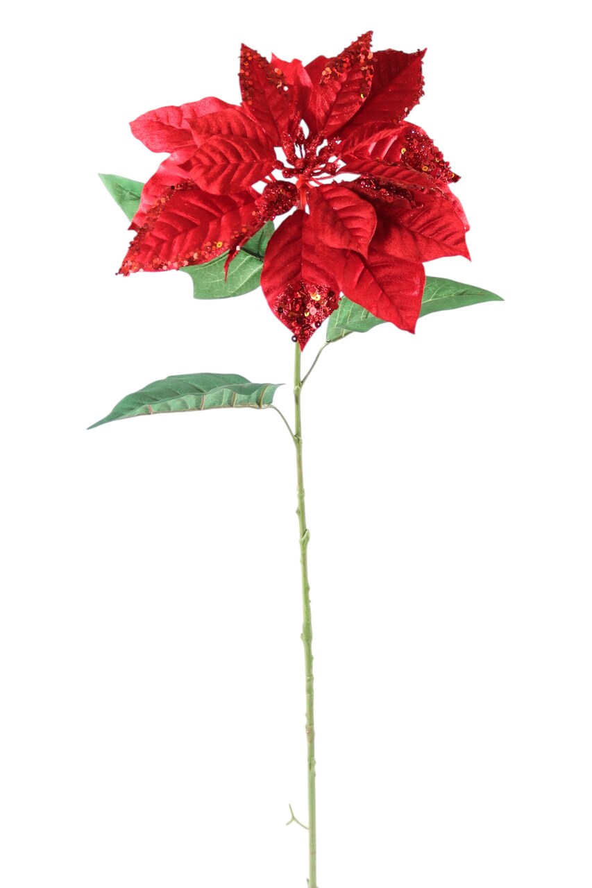 33" Red Poinsettia – Artificial Holiday Glitter Décor Flower, Christmas Faux Plant for Home, Wreaths & Centerpieces, Set of 12